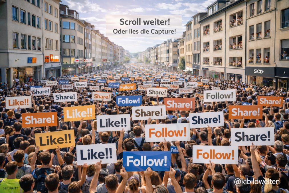 Menschenmenge hält Schilder mit den Worten Like, Share und Follow hoch als Symbol für Social-Media-Aufmerksamkeit